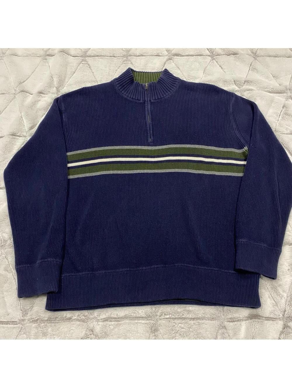 Eddie Bauer Preppy Men's XL Cotton Half-Zip Sweater Navy Blue Green Stripes